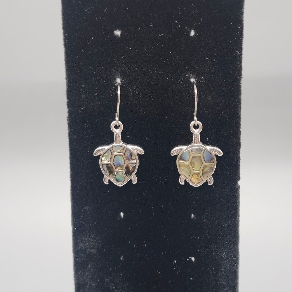 Abalone Inlay Sea Turtle Dangle Earrings Silver Tone Fishhook‎ Ocean Jewelry